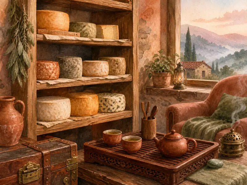 Artisan cheese wheels age on wooden shelves next to a warm tea set and a window overlooking rolling countryside hills.