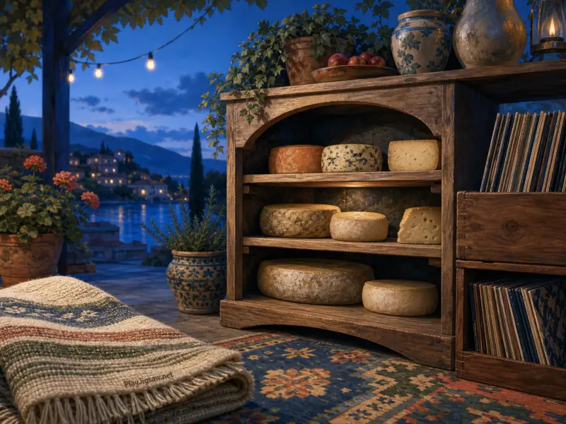 A wooden cabinet filled with cheese wheels on an open terrace overlooking a coastal village at dusk.