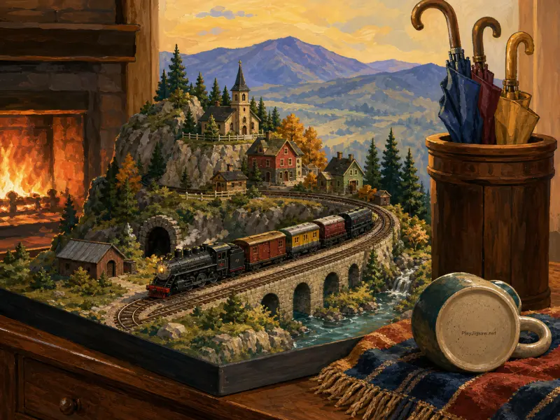 A miniature model train layout on a wooden desk beside a warm roaring fireplace and an umbrella stand.