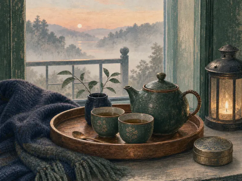 A green teapot, cups on a tray, and a lit lantern sit on a windowsill overlooking a misty sunrise over hills and water.