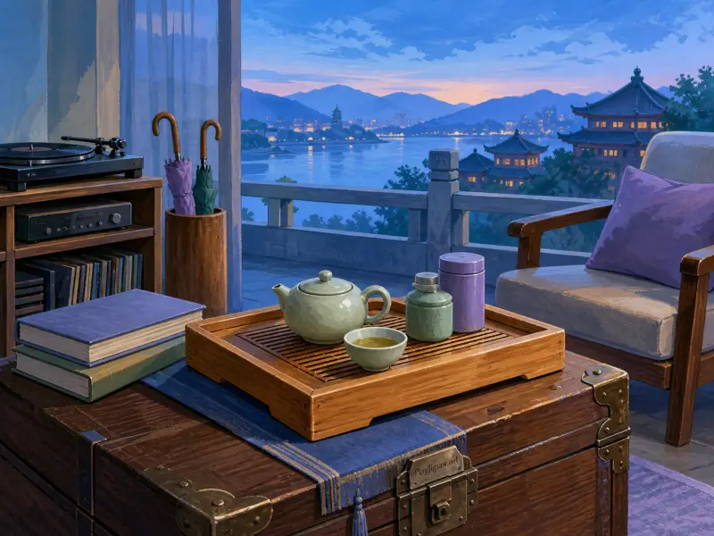 A balcony tea set on a wooden trunk overlooking a serene lake with illuminated pagodas and twilight mountains.