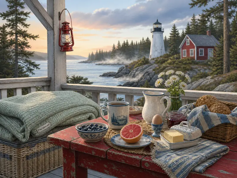 Breakfast spread on a rustic wooden porch overlooking a misty coastal bay with a lighthouse and red cottage.
