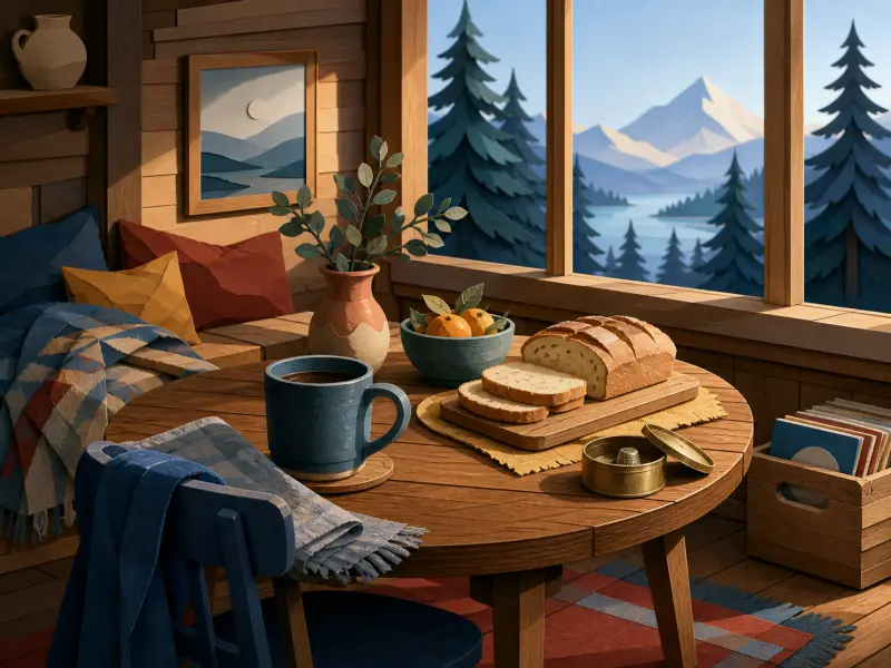 A cozy cabin table with coffee, bread, and fruit in front of a window overlooking pine trees and distant mountains.