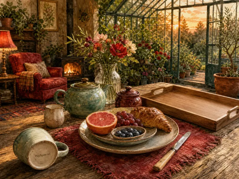 Breakfast spread with croissant and fruit on a wooden table beside a glowing fireplace and glass greenhouse at sunset.