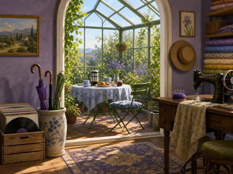 A sewing room with purple walls opening to a sunlit greenhouse table set with coffee and pastries.