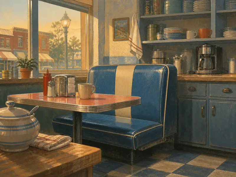 Vintage blue vinyl diner booth and red table bathed in sunlight beside a window overlooking a street.