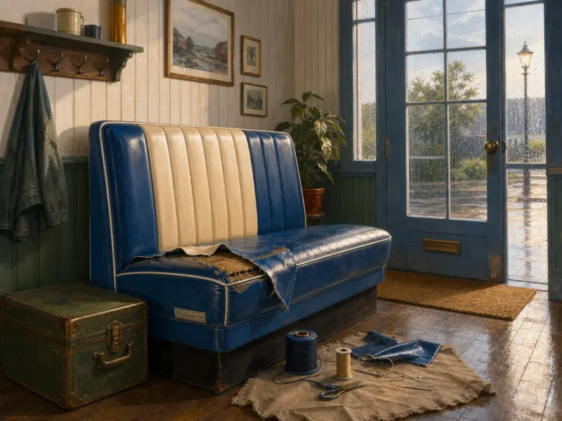 A retro blue vinyl diner booth undergoing repair near a glass door during a rainy day.