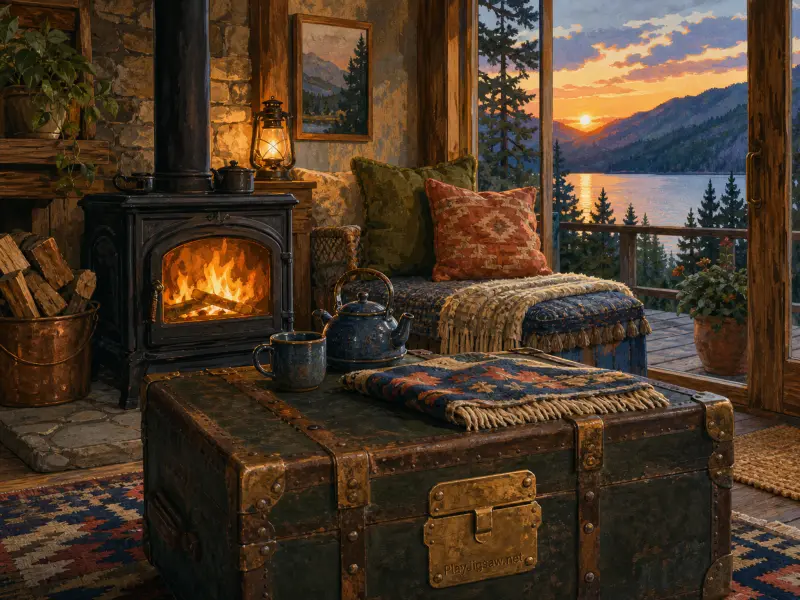 Cozy log cabin interior with a glowing wood-burning stove and a sunset view over a peaceful lake.