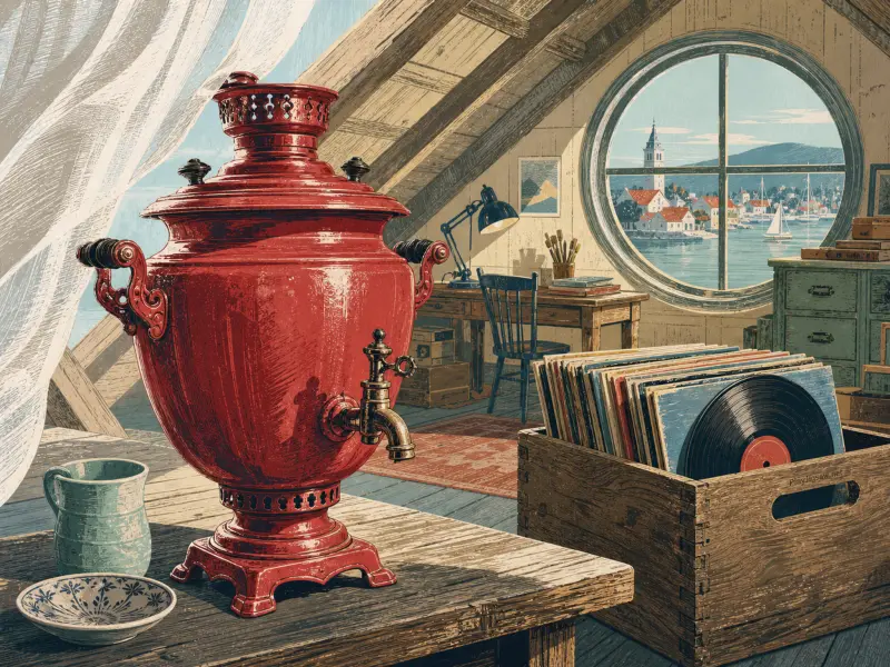 A glossy red samovar and a crate of vinyl records sit in a sunlit attic studio with a round seaside window.