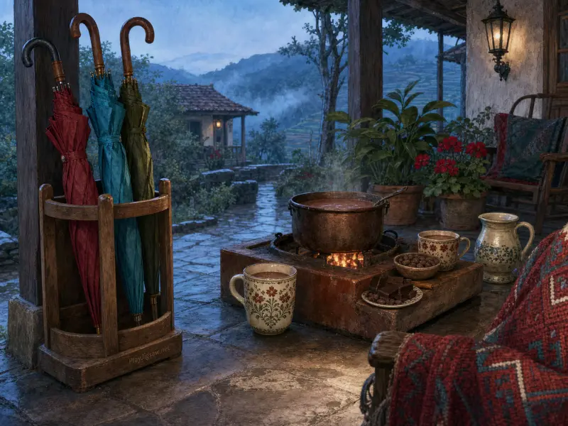 A copper pot simmers over a hearth on a rainy stone porch with mugs of cocoa, umbrellas, and misty mountains.