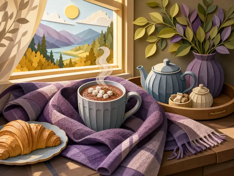 A steaming mug of hot chocolate wrapped in a purple scarf sits on a table beside a croissant by an autumn window.
