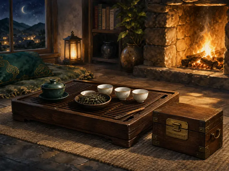 A traditional tea set on a wooden tray beside a warm stone fireplace and a moonlit window.