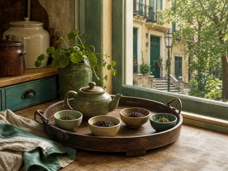 A green ceramic teapot and four small bowls of dried tea leaves resting on a round wooden tray beside an open window.