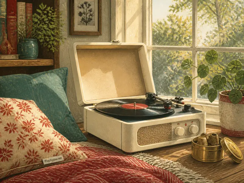 A cream-colored record player on a sunny windowsill next to patterned cushions and a potted plant.