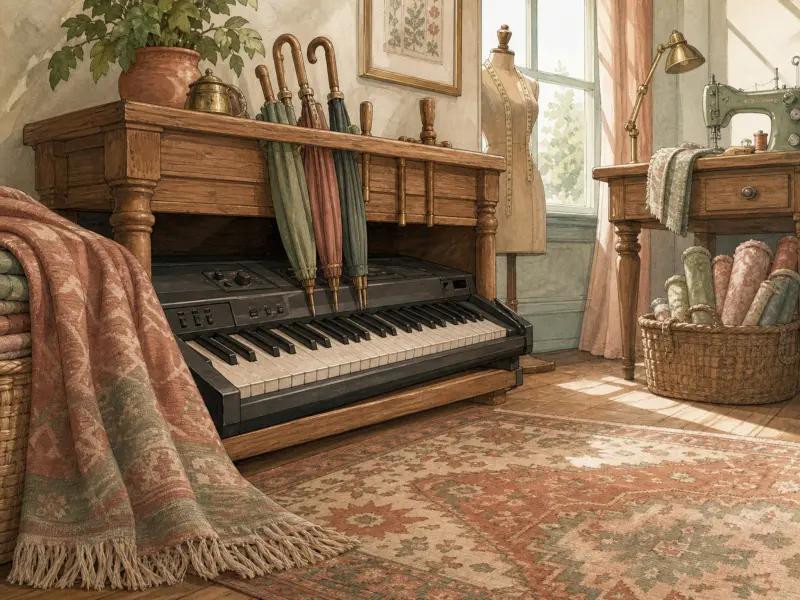 An electronic keyboard sits under a wooden table in a sunny sewing room with a mannequin and fabric rolls.
