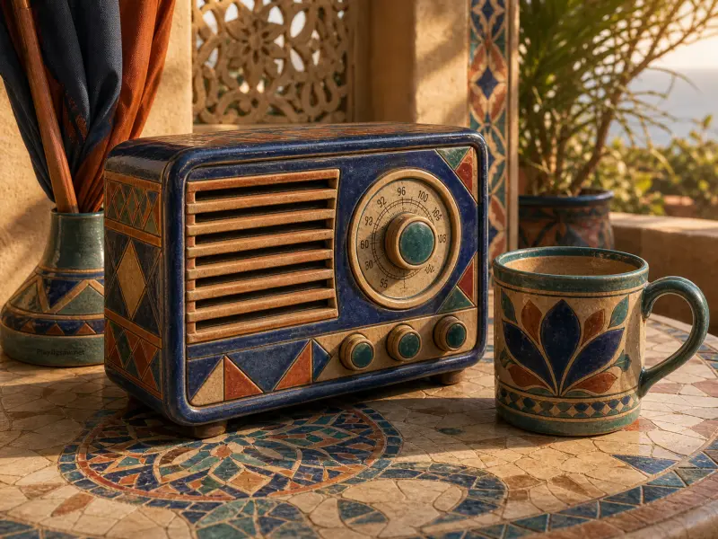 Ceramic radio and matching coffee mug resting on an intricate mosaic table on a sunny stone terrace.