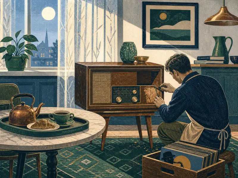 A man restores a vintage wooden console radio in a cozy room beside a tea table and a window looking out at the moon.
