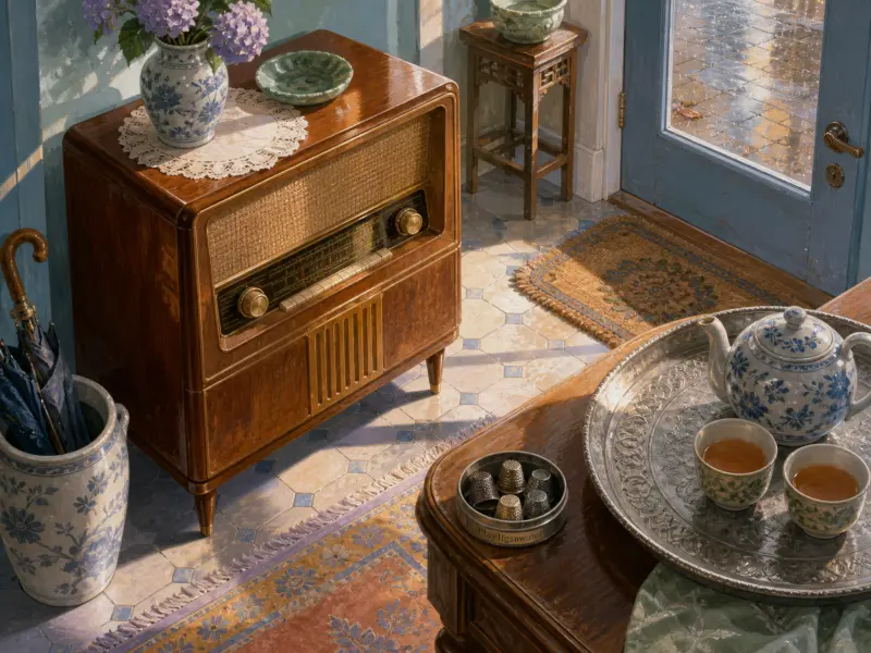 Sunlit room featuring a vintage wooden cabinet radio, tea service on a silver tray, and floral porcelain vases.