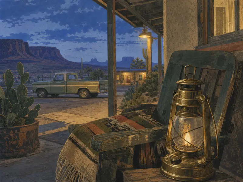 A glowing brass lantern on a wooden porch armchair overlooking a green pickup truck and distant desert mesas at dusk.