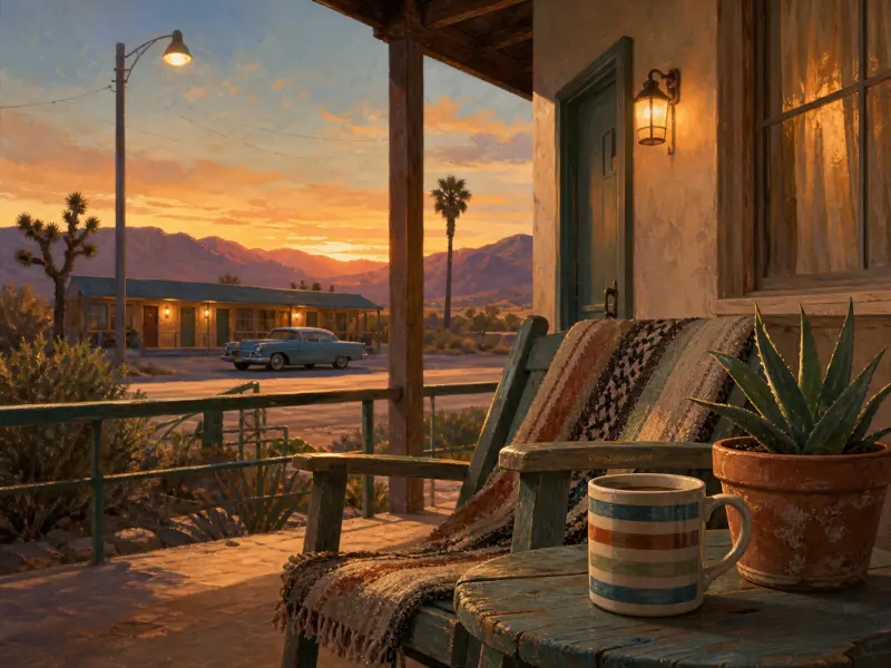 A cozy wooden porch with a striped coffee mug and woven blanket overlooking a desert motel and mountains at sunset.