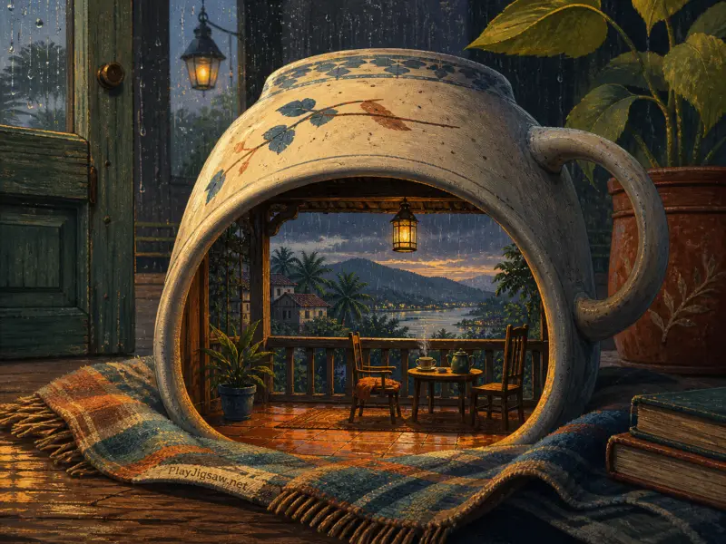 A giant ceramic cup sheltering a tiny furnished balcony overlooking a tranquil lake and hills in the rain.