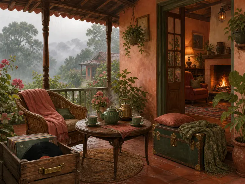 A rainy covered veranda with steaming tea, a wicker armchair, potted plants, and a view into a cozy room with a fireplace.