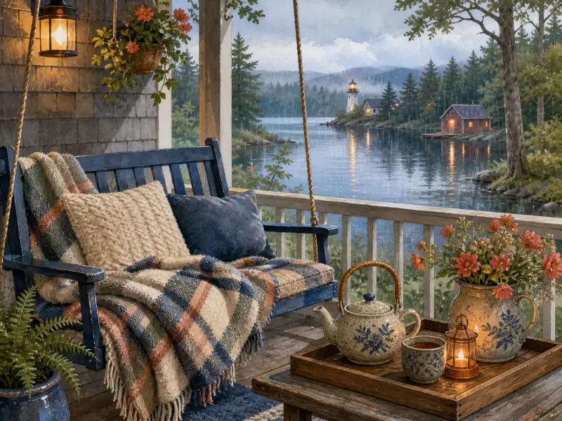 Porch swing with cozy blankets and a tea set overlooking a rainy lake with a distant lighthouse.