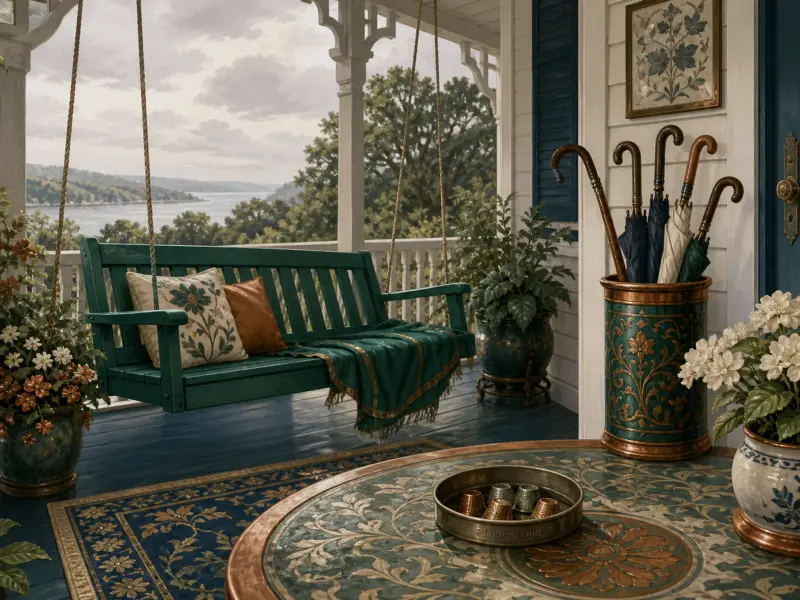 A green wooden porch swing on a veranda with potted plants and an umbrella stand overlooking a river landscape.