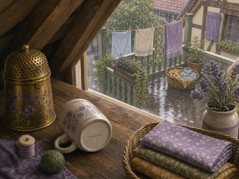 A rainy balcony with hanging laundry viewed past a cozy windowsill with sewing threads and lavender.