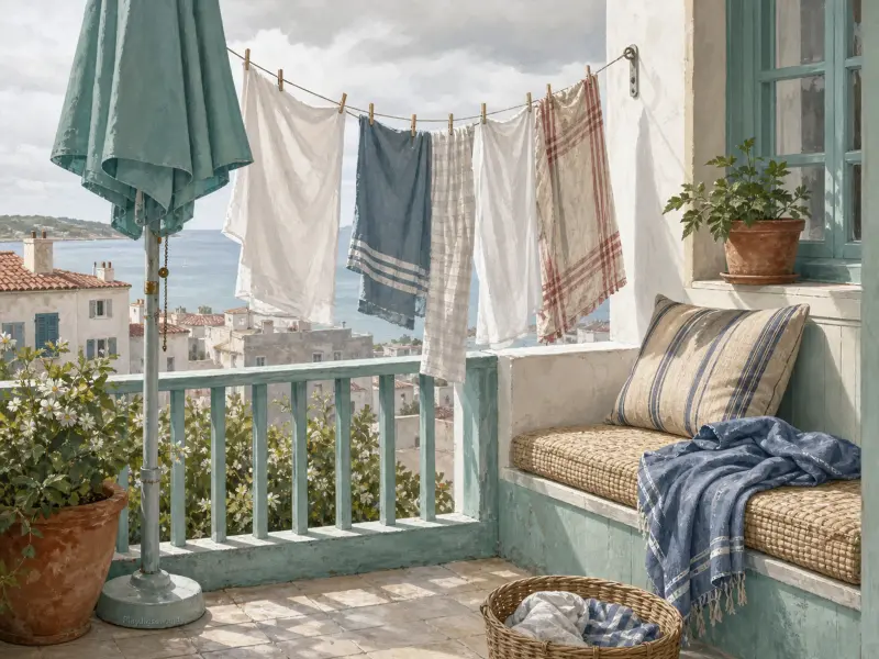 Sunlit coastal balcony overlooking the sea with fresh laundry hanging on a clothesline and a cozy bench.