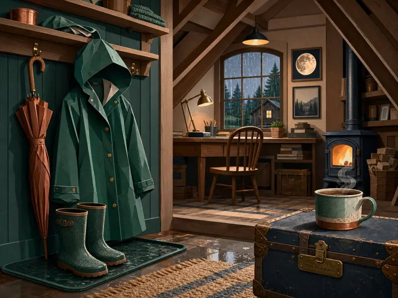 Cozy wooden attic entryway with a green raincoat, rain boots, steaming mug on a trunk, and a glowing stove by a rainy window.