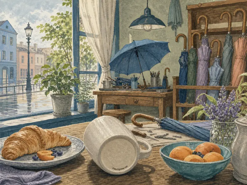 An umbrella workshop overlooking a wet street, with a croissant, fruit bowl, and umbrellas on a wooden table.