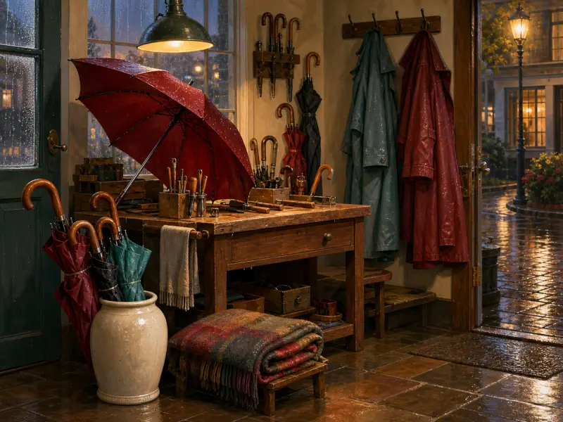 A rainy umbrella repair workshop with a large open red umbrella, hanging raincoats, and a wet street outside.