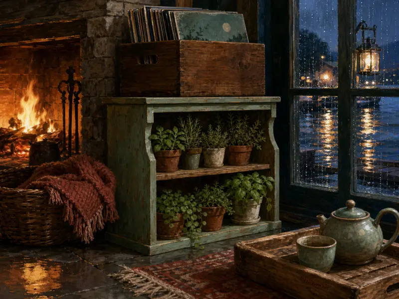 A cozy room with a glowing fireplace, potted herbs on a green shelf, and a rain-streaked window overlooking harbor lights.