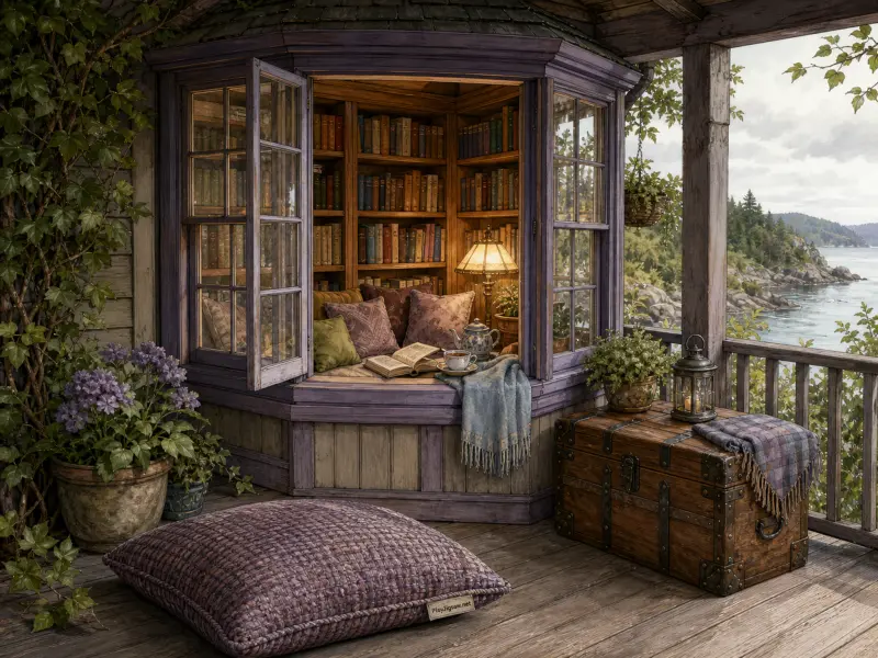A cozy bay window reading nook with bookshelves, cushions, and tea opens onto a veranda overlooking the water.