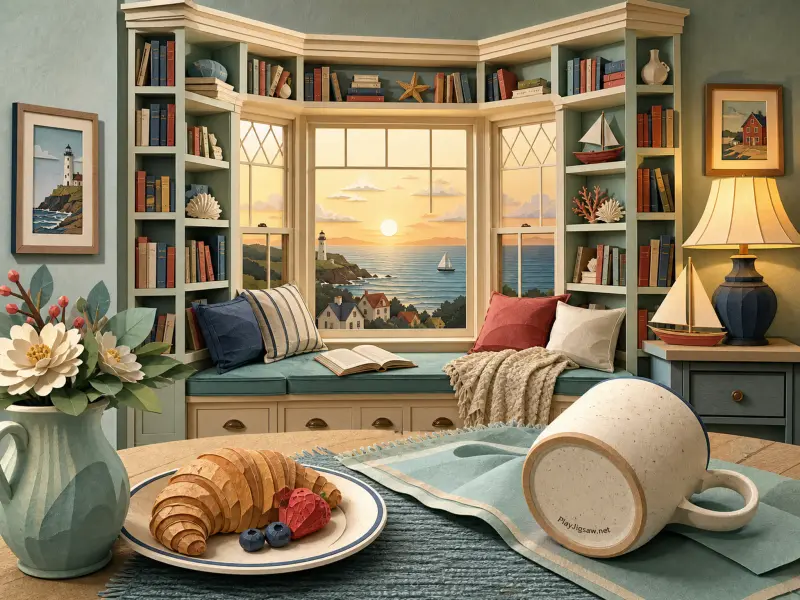 A cozy bay window reading nook with bookshelves overlooking an ocean sunset, with breakfast on a foreground table.