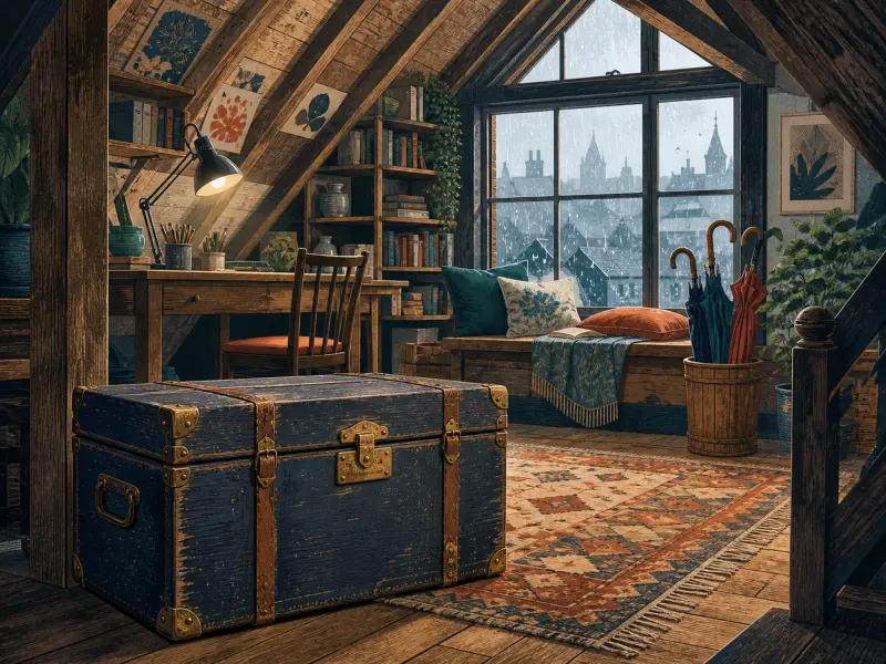 Cozy attic room with a cushioned window bench overlooking rainy city rooftops, a blue trunk, and a writing desk.
