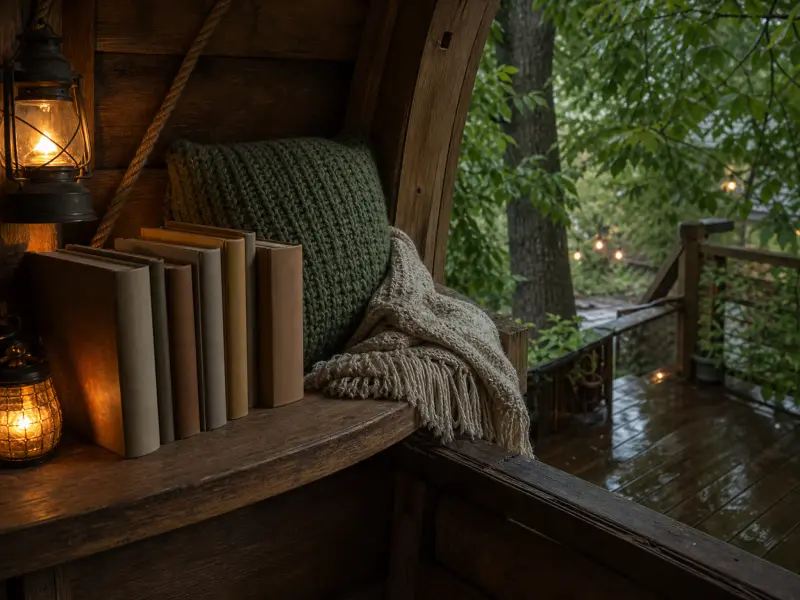 A cozy wooden window nook with books, a green knit pillow, a blanket, and glowing lanterns overlooking a rainy deck.