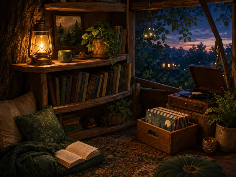 Cozy treehouse interior at dusk with wooden bookshelves, a glowing lantern, cushions, and a record player by a window.