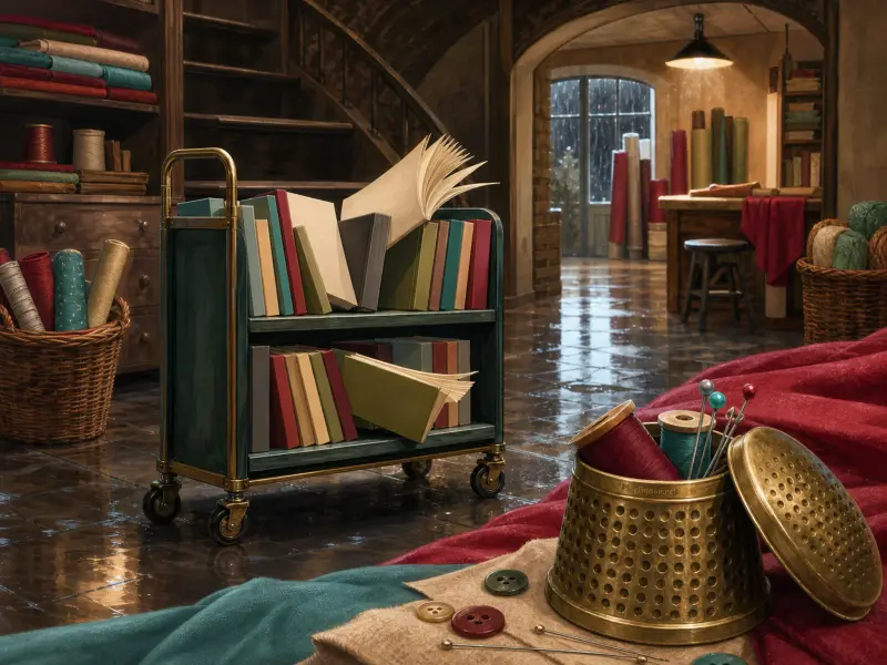A wheeled book cart and sewing notions sit on a tiled floor in a cozy studio with a rainy window in the background.