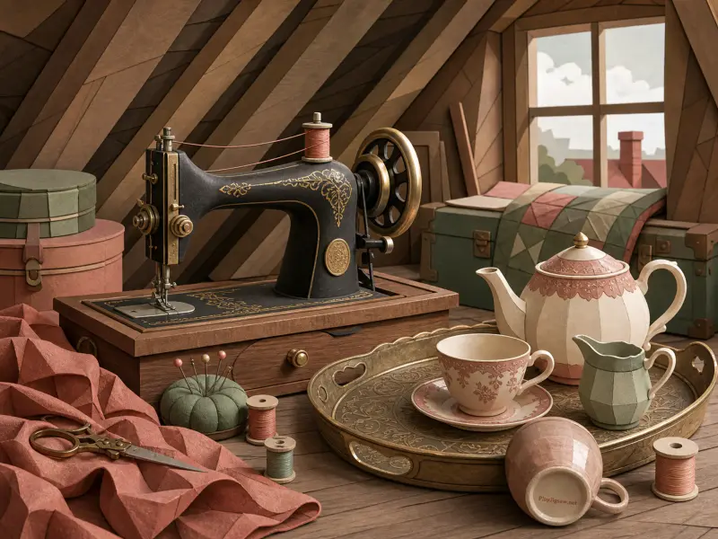 A vintage black sewing machine, antique tea set on a brass tray, and sewing notions in a warm attic workroom.