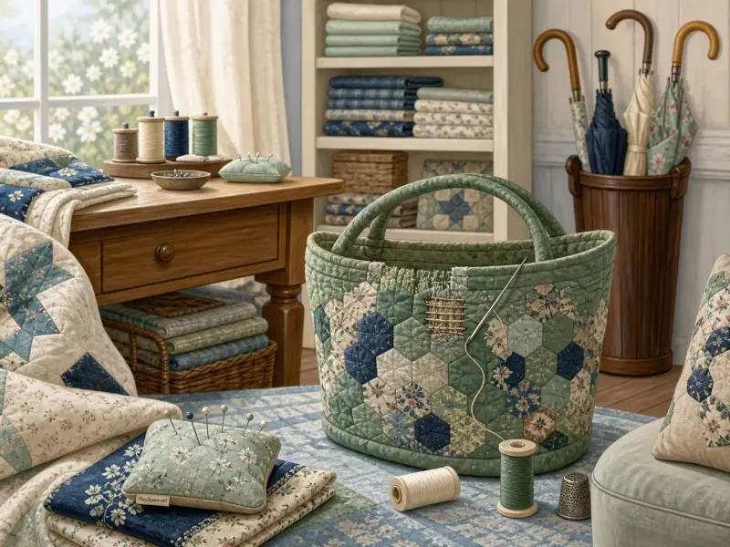 A patchwork quilted tote basket surrounded by sewing supplies, quilts, and folded fabrics in a cozy sunlit room.