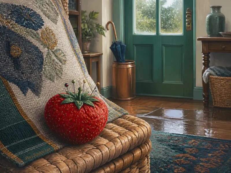 A red strawberry pincushion with pins sits on a wicker seat near a green door on a rainy day.