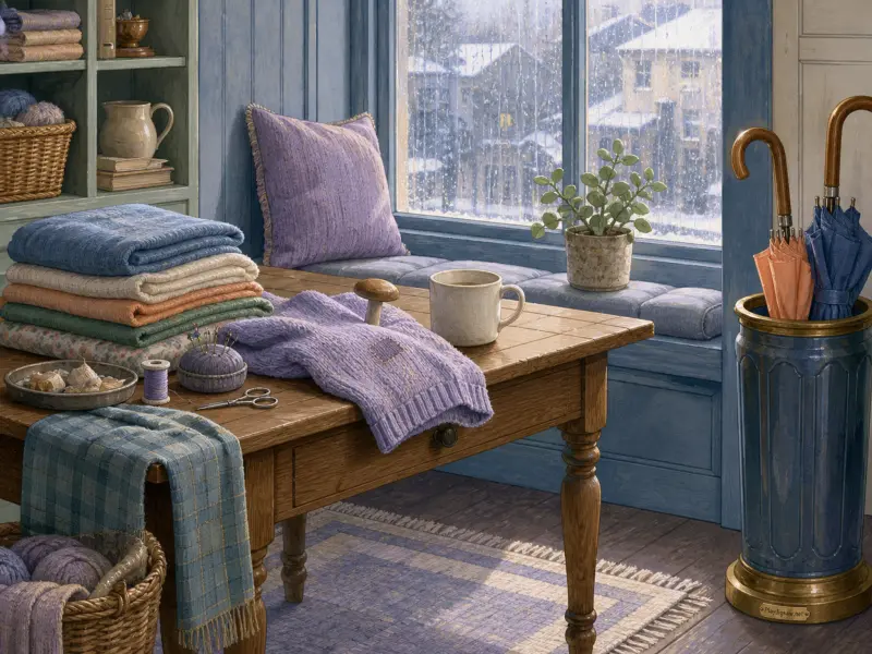 A wooden craft table with a lavender sweater, sewing tools, and tea beside a snowy window and an umbrella stand.