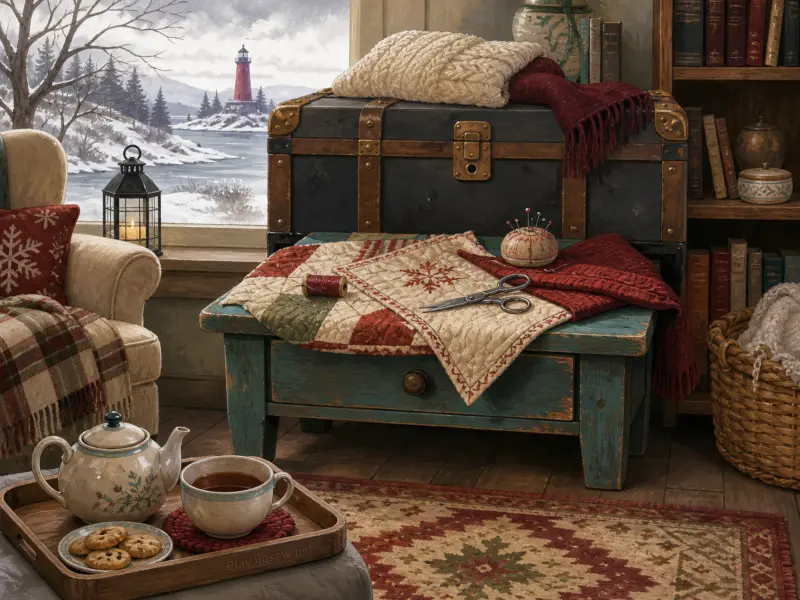 A cozy room with quilt pieces, tea tray, and a window overlooking a snowy shore and red lighthouse.