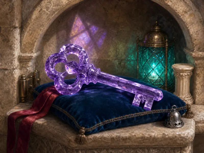 A glowing purple crystal key rests on a blue velvet cushion inside an arched stone alcove beside a lit lantern.