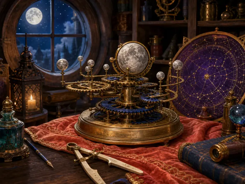An intricate brass orrery on red velvet in an observatory with a full moon visible through a round window.