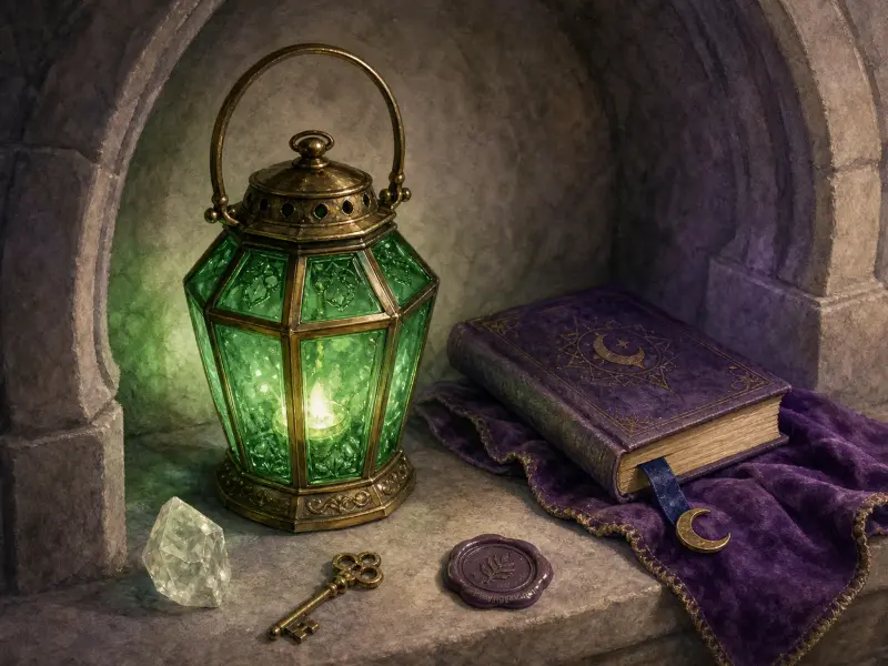 A glowing green lantern, antique purple book with a crescent moon, key, and crystal inside a stone alcove.