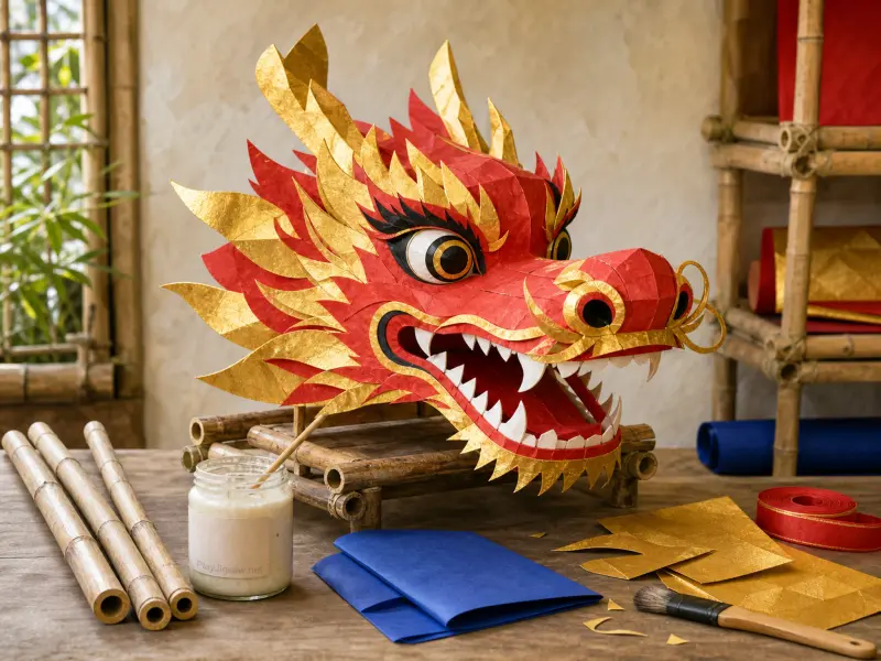 A detailed red and gold paper craft dragon head resting on a wooden workbench among craft tools and bamboo.