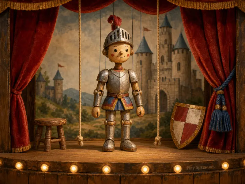 A wooden knight puppet with strings stands on a small theater stage framed by red velvet curtains and a castle backdrop.